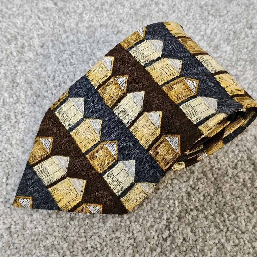 Ermenegildo‎ Zegna 100% Silk Tie Brown Gold Beach Hut Pattern Novelty Designer